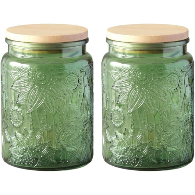 ANSQU Set of 2 Glass Jars with Lids, 700ml Vintage Glass Storage Jars, Cookie Jar Sugar Container for Kitchen Counter, Pantry, Candy Jar with Lid (Green, 2Pack)