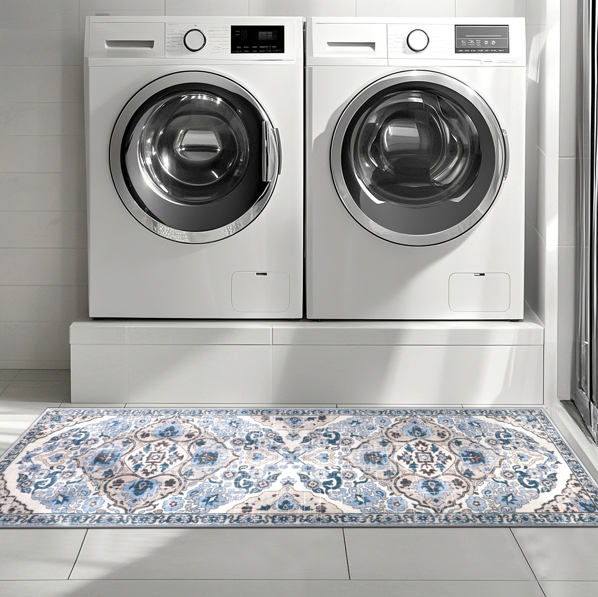 MeyJey Kitchen Rug Set 3 Piece, Non Slip Machine Washable Mats for Home Floor and Living Room, Blue/Beige