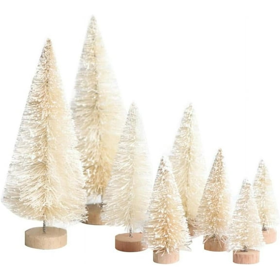 8Pcs Bottle Brush Trees Artificial Mini Christmas Tree Sisal Snow Frost Trees with Wooden Base Miniature Pine Tree Winter Crafts Ornaments for Xmas New Year Party Home Table Decorations