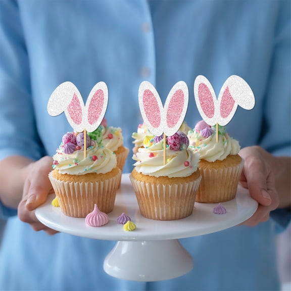 12pcs Easter Glitter Paper Cake Toppers - Double-Sided Gold Sparkle Flag Inserts, Bunny Egg Themed Baking Decor, Food-Safe Cute Dessert Toppers for Easter Cakes, Cupcakes, Cookies & Dessert Tables