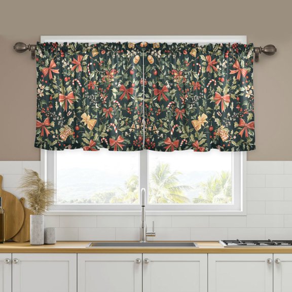Yayeee Kitchen Curtains Set of 2 Light Filtering 57"x36" Over Sink Window Panels, Christmas Bows
