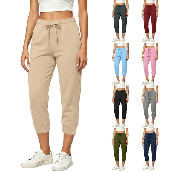 Womens Capri Joggers with Thin Fleece Drawstring Lounge Sweatpants Beige Cropped Pants with Pockets Size L