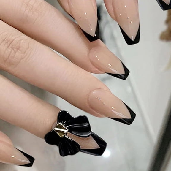 24pcs Press On False Nails Fake Nail Salon Full Cover Design for Women Girls Gift Coffin French Style Black Bow Tie