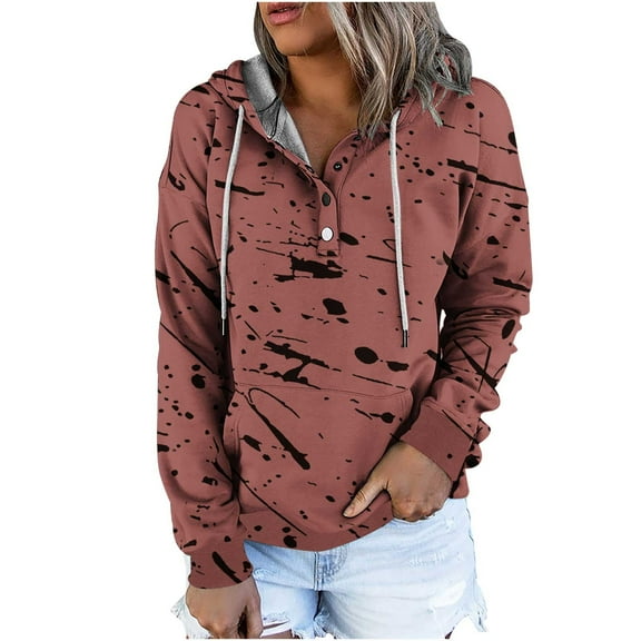 ShomPort Women's Hoodies Long Sleeve Buttons Sweatshirt Drawstring Pullover Tops Gradient Color Tunic Tops