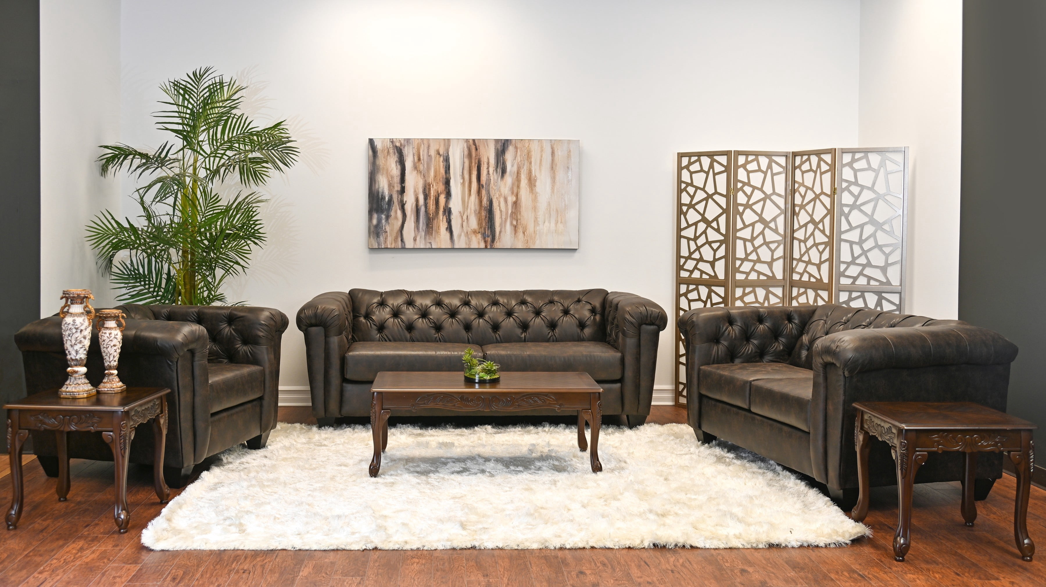 Roundhill Horton Faux Leather Chesterfield 3-Piece Living Room Set, Sofa Loveseat and Chair, Ridgeline Brownie