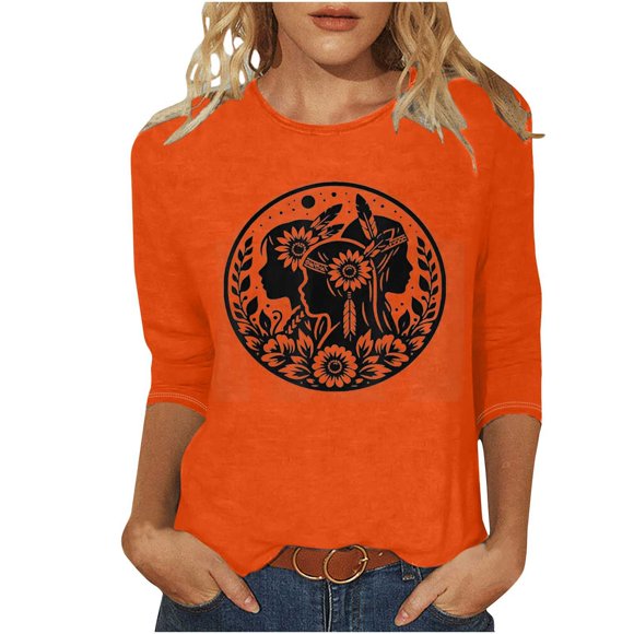 Orange Shirts for Women T-Shirts for Women Ladies' Orange Shirt Japanese Fashion Printed Round Neck 3/4 Sleeve T-Shirt Loose Top Womens Fashion Tops Wear Orange T-Shirt