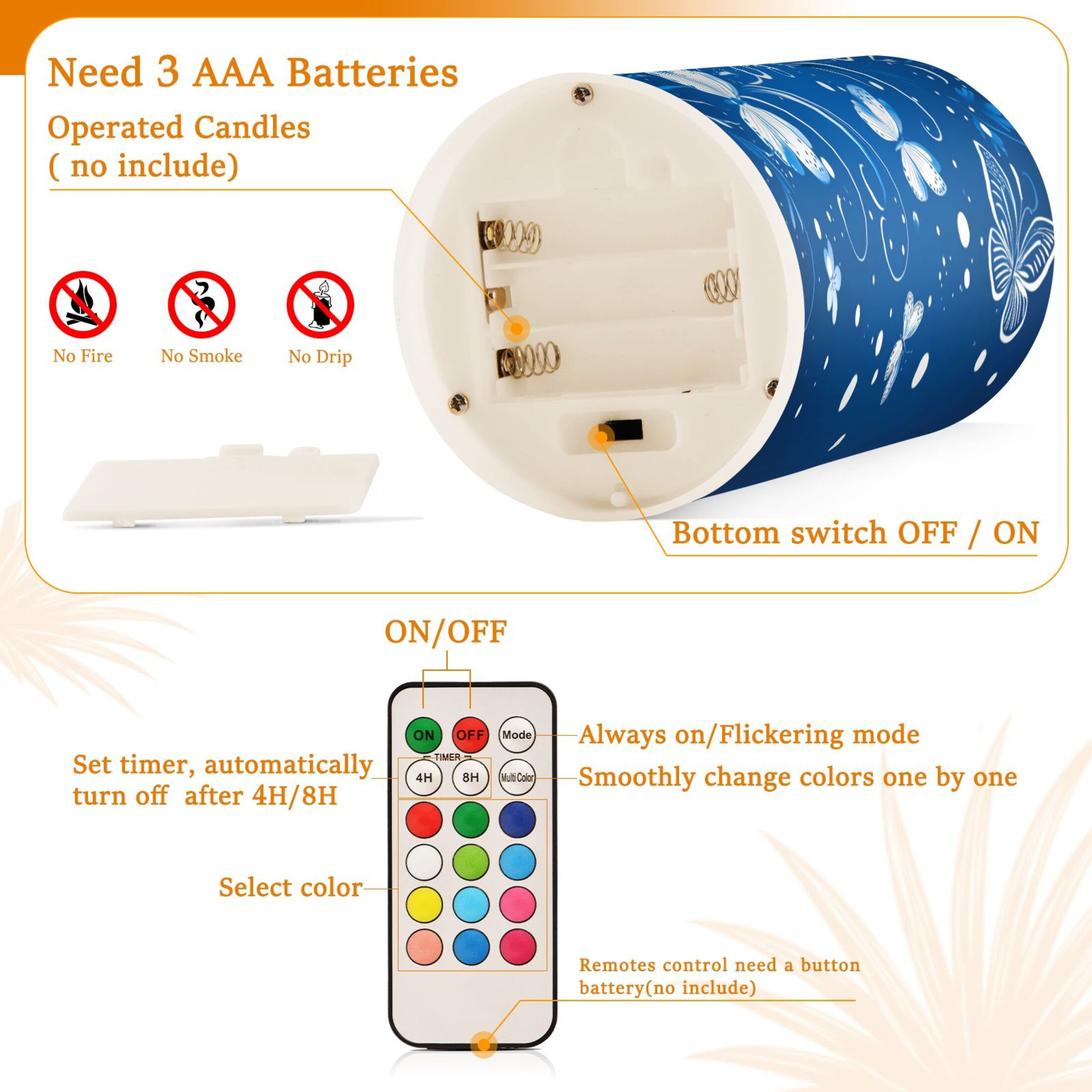 Flameless Candles Lights, Pack of two LED Lights, Dimmable LED Pillar Candles Battery Operated, Flames Remote Control White Butterfly