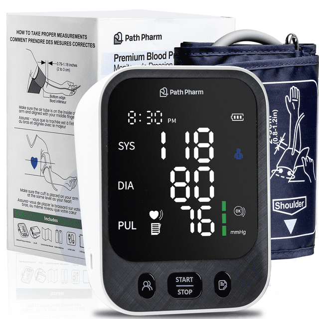 Path Pharm Premium Blood Pressure Monitor - High Accuracy Blood Pressure Machine for Home Use - Clear LED Display, Adjustable Arm Cuff 22-42cm - Automatic Heart Rate Monitor - USB & Battery Powered