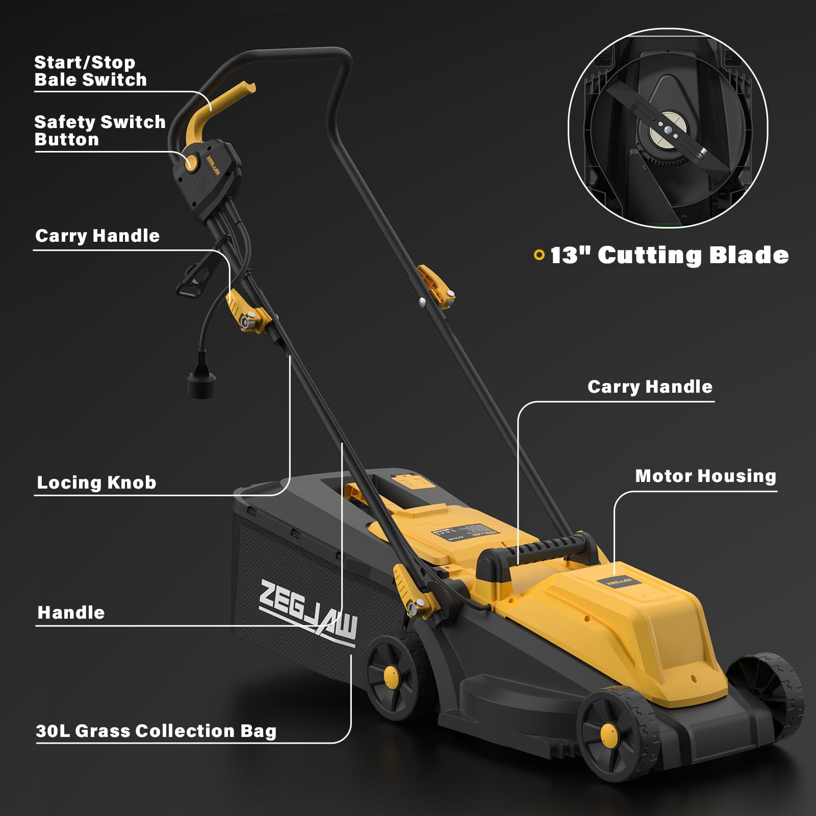ZEGJAW Electric Lawn Mower Corded, 13 Inch 11-Amp Lawn Mowers with 8 Gallon Collection Bag, 3-Position Cutting Height Adjustment for Lawn Care
