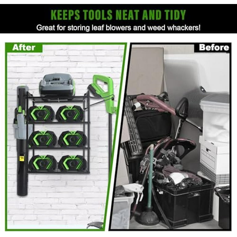 Wall-Mounted Power Tool Organizer – Holds Leaf Blower, Weed Eater, Batteries & Charger, With Extra Hooks For Garage Tools