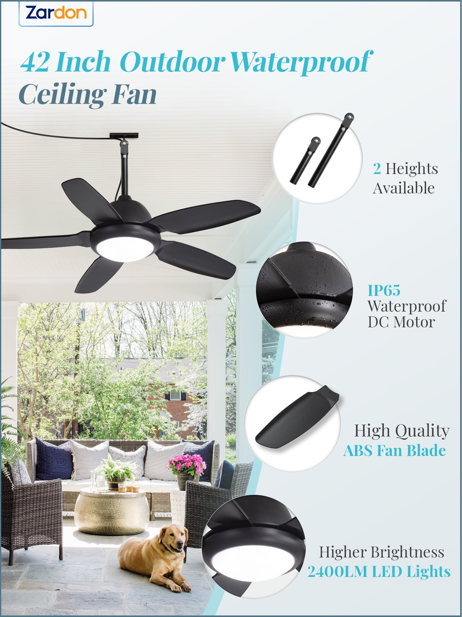 Zardon 42" Modern Outdoor Ceiling Fan with Light and Remote Control 6-Speed DC Motor, 3 Color Temperatures, Weather-Resistant for Outdoor, Black