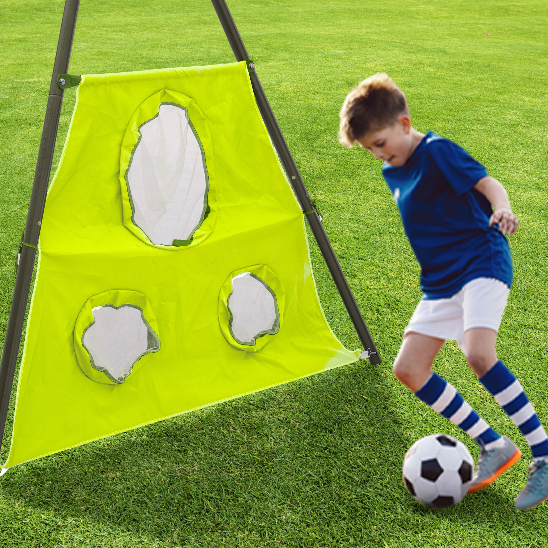 Aukfa 6 in 1 Outdoor Swing Set for Kids, 450Lbs Heavy-Duty Metal Frame with Glide Ride, Slide, Belt Swing, Disc Swing, Basketball Hoop and Soccer Goals for Backyard Playground, Green