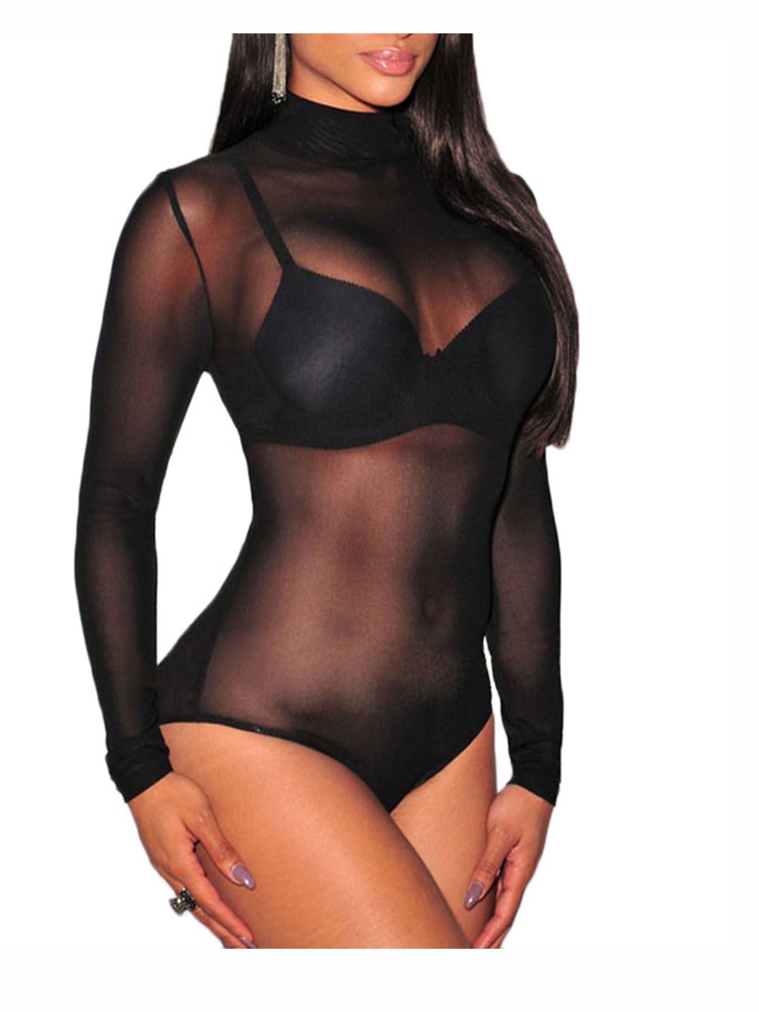 JomeDesign Womens Long Sleeve Sheer Mesh Black Bodysuit Tops Clubwear 