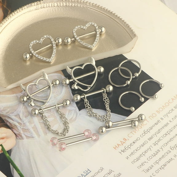 316L Surgical Stainless Steel Nipple Rings Set Nipple Piercing Pins Stainless Steel Color 14~19mm Pin: 1.6mm 7 pairs/set