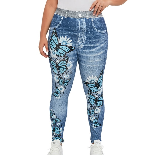 Women Fashion Skinny Jeans Denim Printed Full Length Seamless Leggings  Jeggings (Star Blue) 