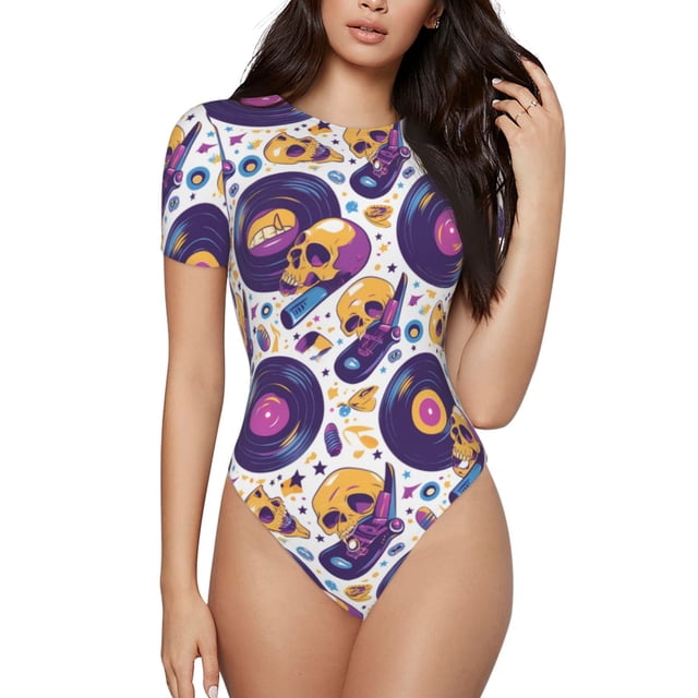KLL record rock Skull star pour Femmes Justaucorps à Manches Courtes, Justaucorps Aguichant une Pièce Col Rond Shapewear Contrôle du Ventre-Grand