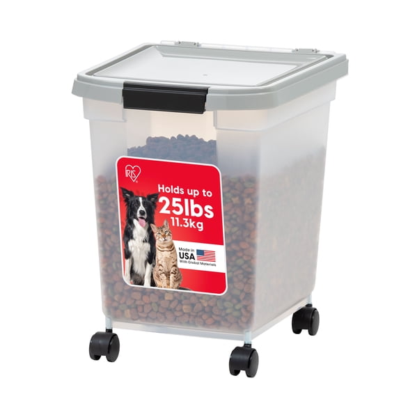 IRIS 25 Lbs / 32.5 Qt Airtight Pet Food Storage Container with Removable Casters, Clear/Gray