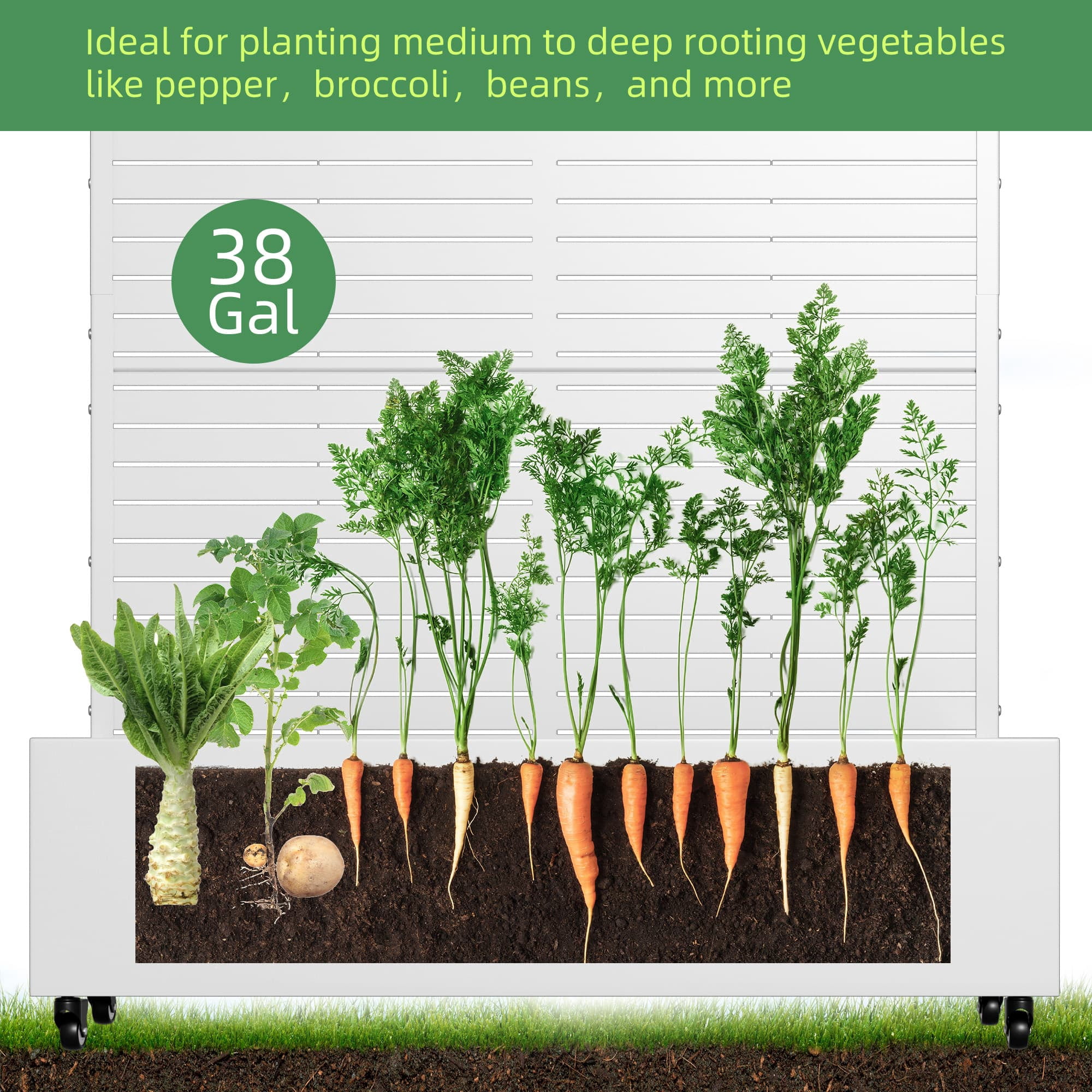 MAYEERTY 47*16*47"Outdoor White Metal Planter with Rect Louvered Climbing Trellis, Drainage hole & Wheels