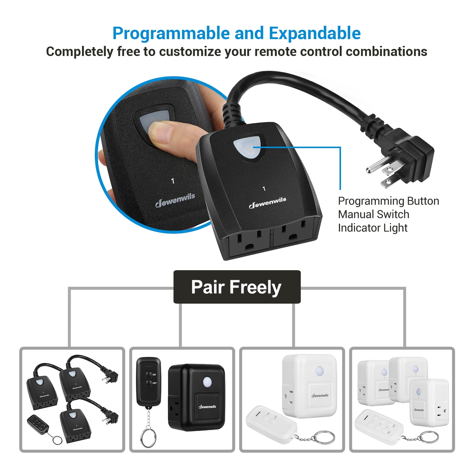 DEWENWILS Remote Control Outdoor Outlet, 15A/1875W Heavy Duty Weatherproof Switch, Remote with 100ft Range, 20cm 14AWG SJTW Cord,For Patio Lights, Pool Pumps, Yard Tools