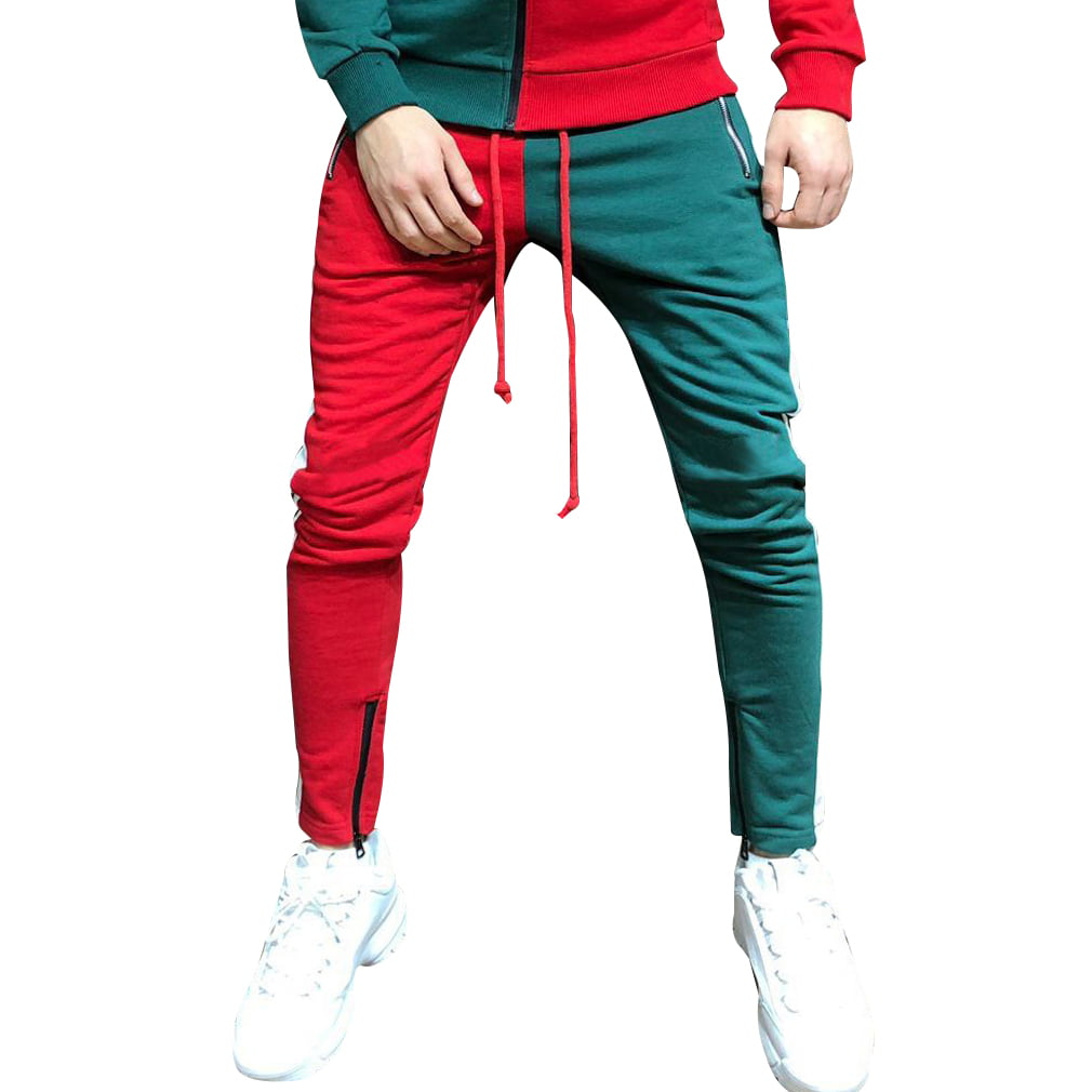 Mens Zipper Hoodie Pants Sets Patchwork Hooded Sweatshirt Tracksuit Top+Jogging Pants Activewear Clothes 