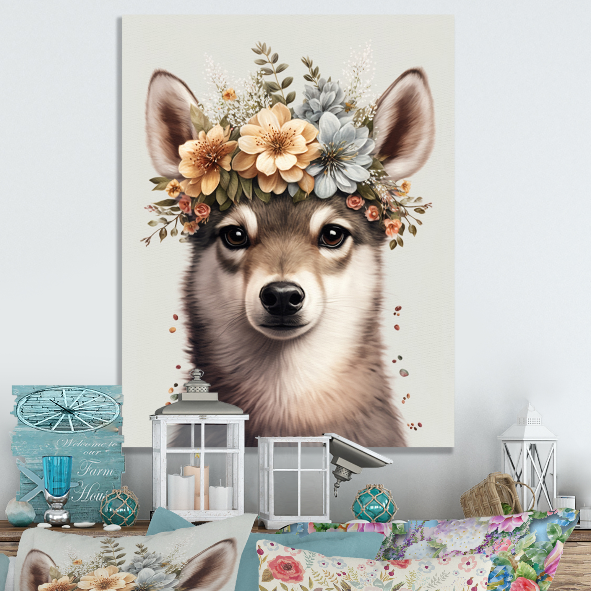 Designart Cute Baby Huskie With Floral Crown Canvas Wall Art