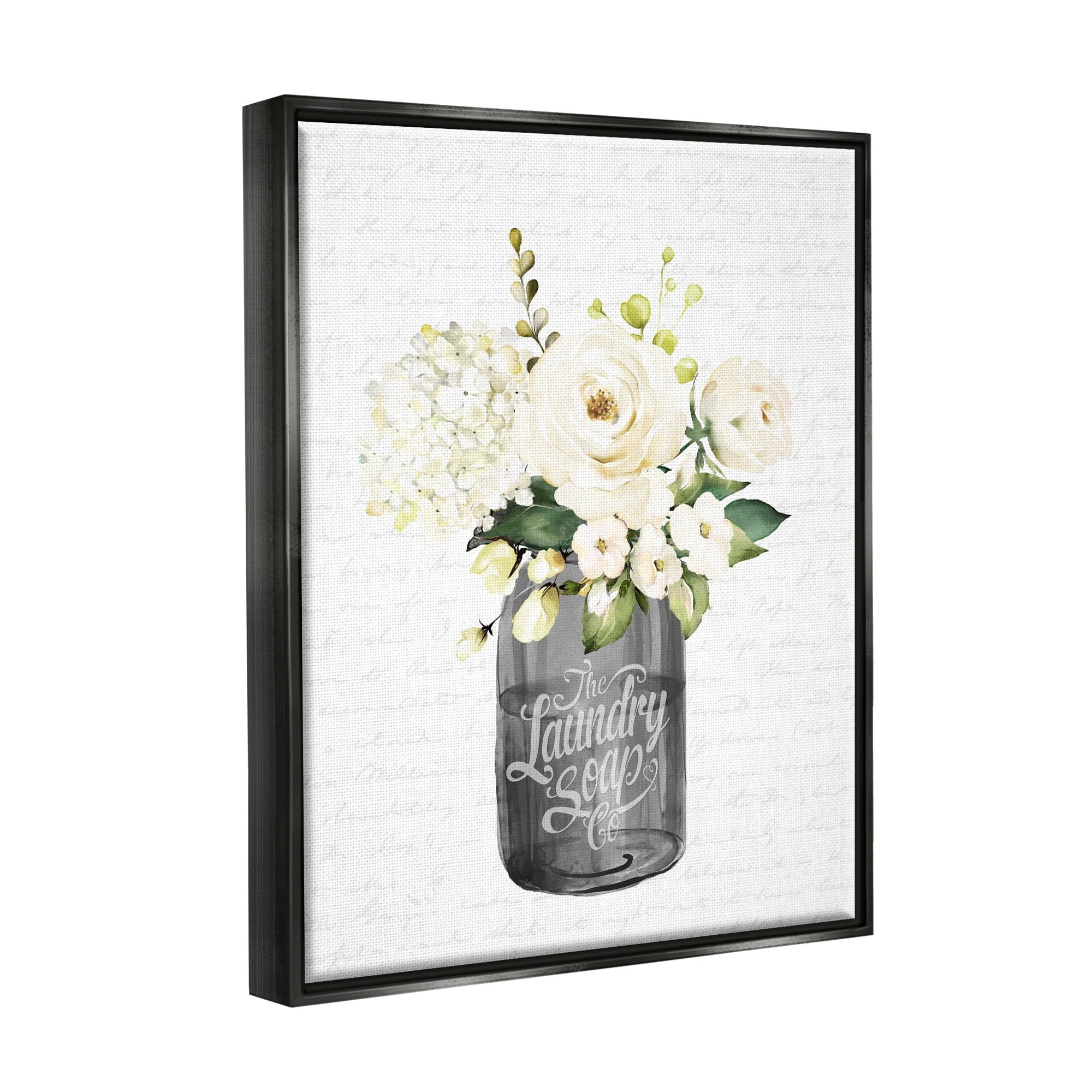 Stupell Industries White Flower Blossoms Laundry Jar Fancy Script Graphic Art Jet Black Floating Framed Canvas Print Wall Art, Design by Lettered and Lined