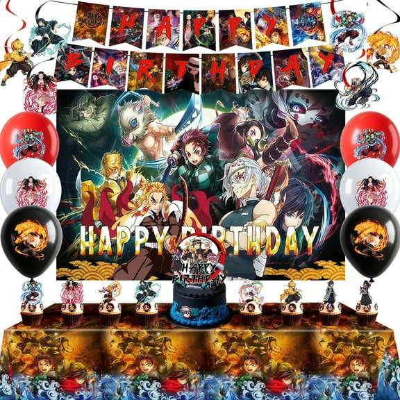 Demon Slayer Birthday Party Supplies, Demon Slayer Party Decoration Kit - Party supplies include birthday banners, backdrops, tablecloths, and balloon cake decorations and other party supplies