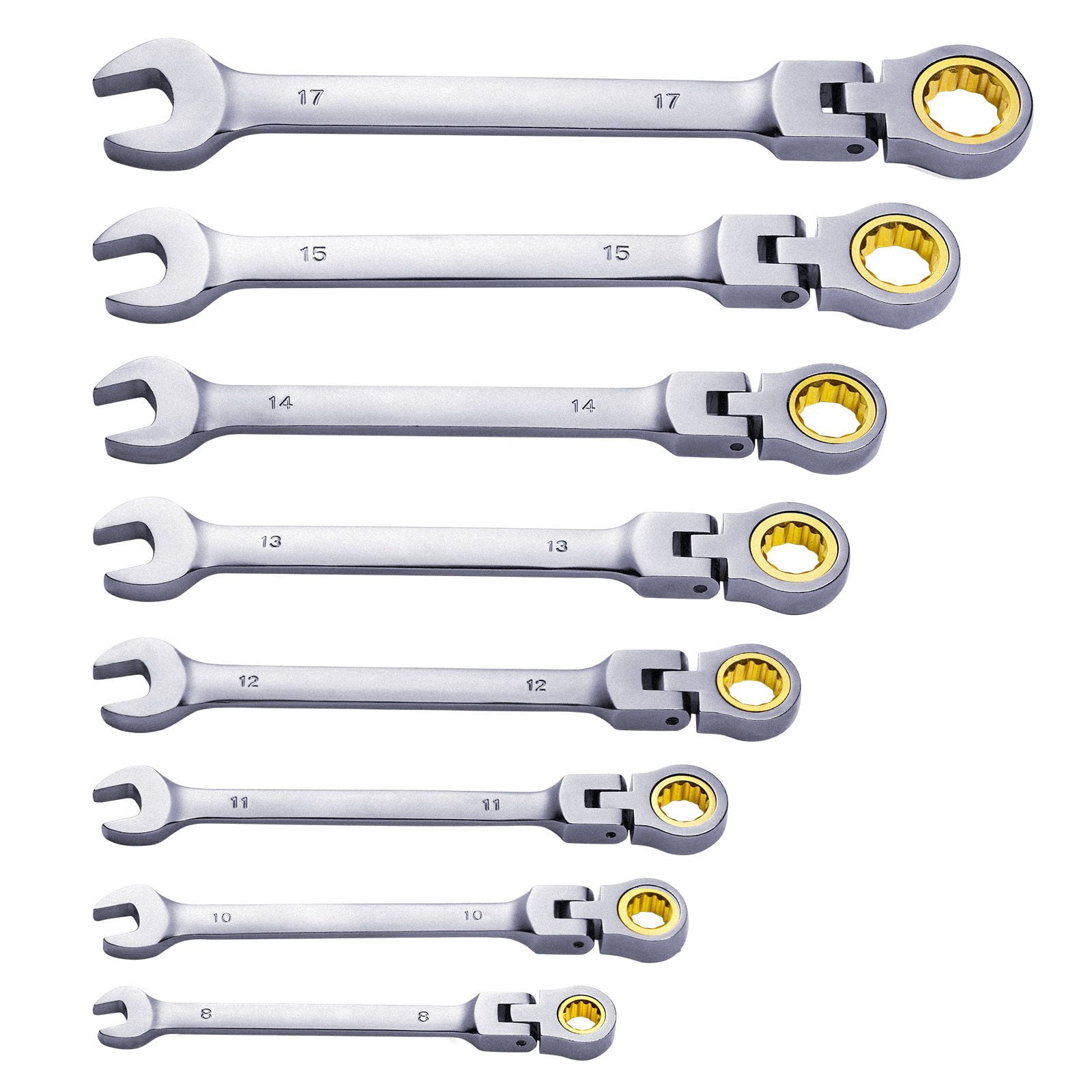 Flex-Head Ratcheting Wrench Set, 8-piece Combination Wrench Set with Roll-up Pouch, Cr-V Steel Flexible Ratcheting Wrench Set Metric 8 mm to 17 mm, Ideal for General Household, Auto Repairs