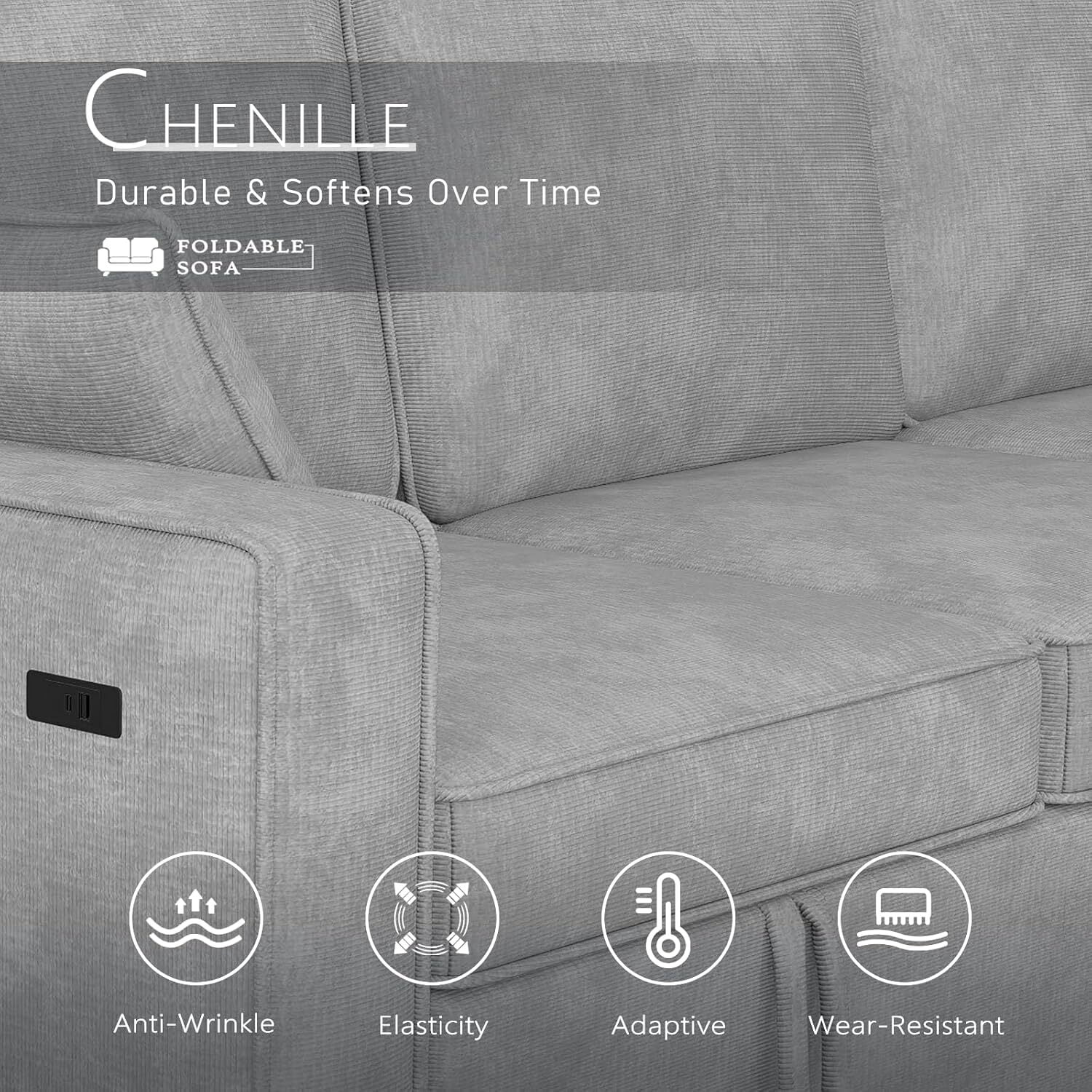 avobird 89'' Pull Out Sofa Bed, L Shaped Sleeper Sofa with Flip-Down Center Console & Charging Ports, Chenille Convertible Sofa for Apartment/Living Room, Light Gray