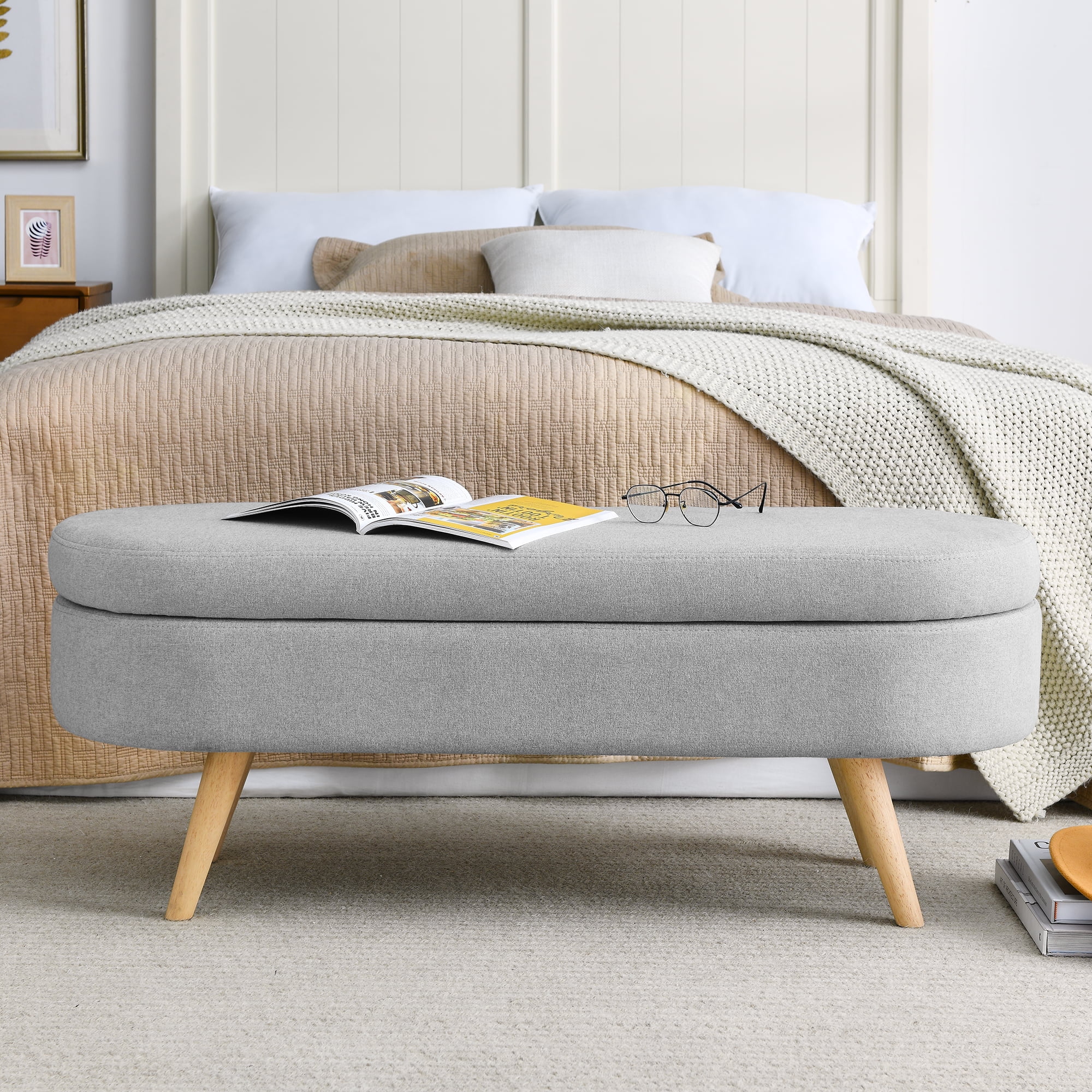 Linen Upholstered Tufted Bench, Storage Ottoman with Padded Seat, Storage Bench with Solid Wood Leg,Coffee Table, Footrest, Large Chest for Entryway, Bedroom, Living Room, Holds up to 660 lb, Gray