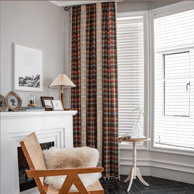 Boho Curtains Plaids for Bedroom, Semi Blackout Linen Farmhouse Tassels Window Treatment Bohemian Drape, Rod Pocket 1 Panel