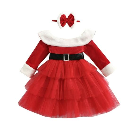1-7Y Christmas Girl Red Dress 1Y 2Y 3Y 4Y 5Y 6Y 7Y Long Sleeve Tulle Tutu Party Dresses For Girl New Year Xmas Costumes