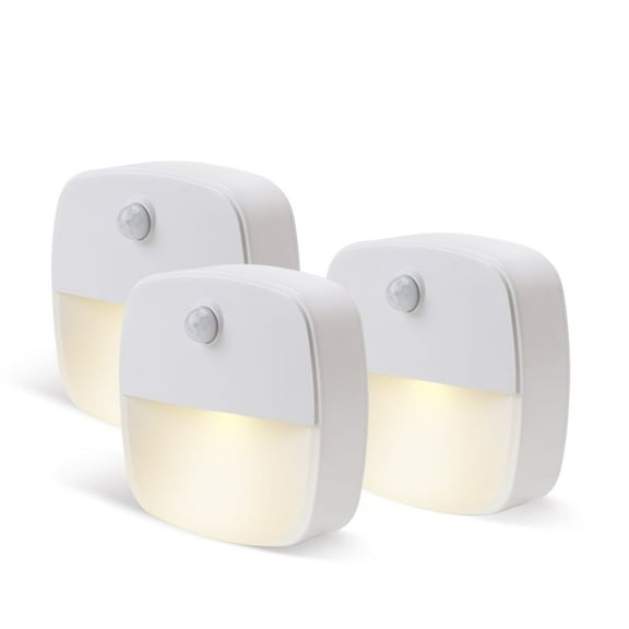 LED Motion Sensor Night Light, [3 Pack] Stick-On Night Light by Battery Powered, Stair Sensor Lights Indoors, Auto/ON/Off Light for Toilet, Hallway, Closet, Kitchen, Children's Room, Warm White light