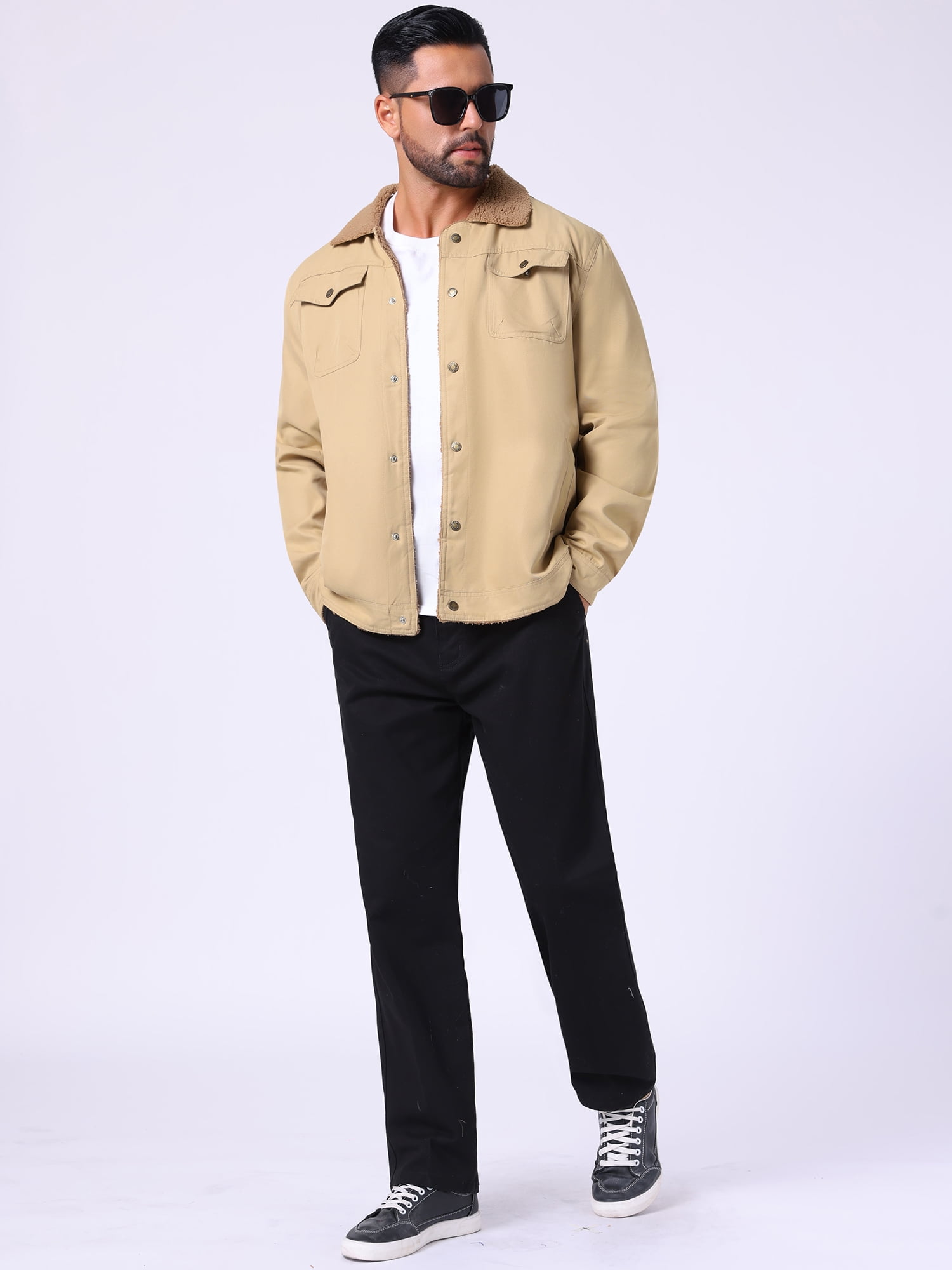 DARING DIVA Collared Button Front Fleece Lining Cargo Trucker Jacket S Light Khaki