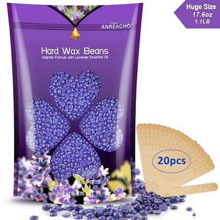 Hard Wax Beans(17.6oz/1.1Ib) - Anreacho Hair Removal Nose Wax Full Body Wax Beans, Brazilian Wax Beans Lavender Hard Wax with 10 spatulas for Face, Bikini, Legs, Underarm, Back,