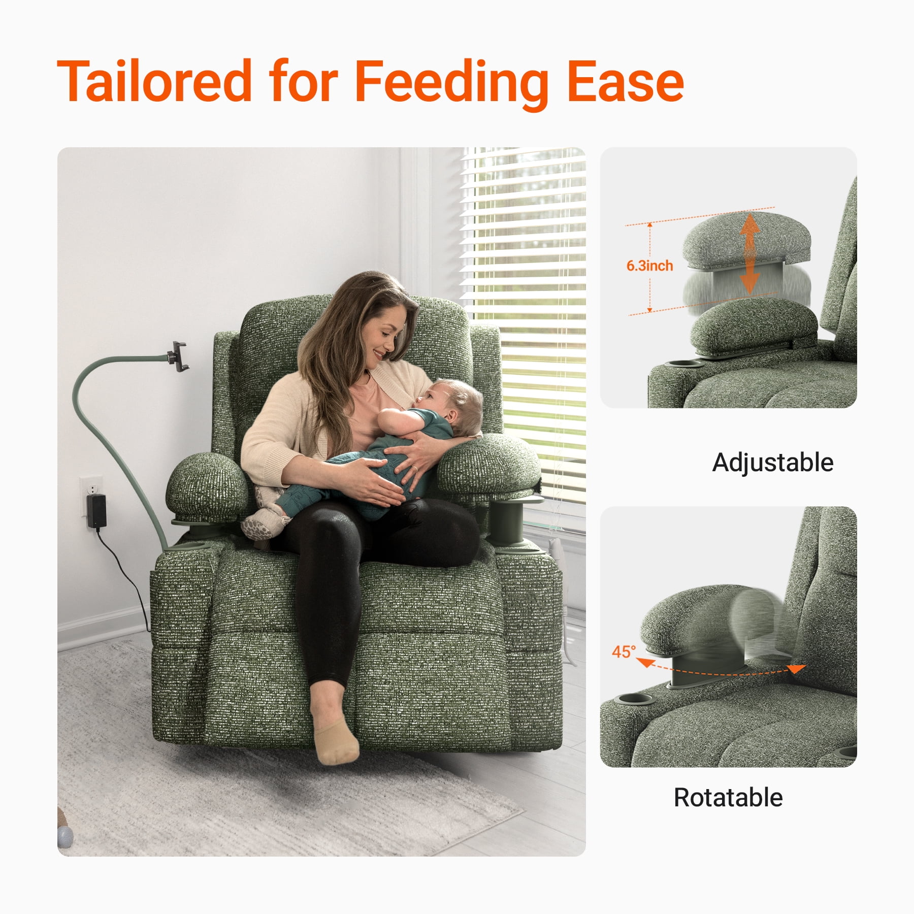 MAMAZING Nursery Rocking Chair Swivel Glider Oversized Recliner with Pockets Electric Power Baby Nursing Chair Green