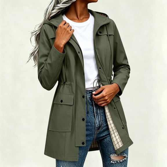 ClodeEU Women's Mid Length Full Zip Hooded Jacket,Casual Windproof Coat with Pockets Army Green,Women's Plus L