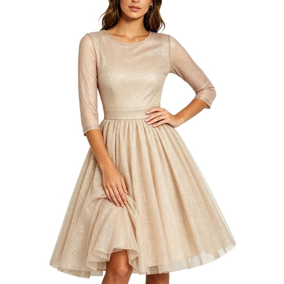 Gytharion Women's Sequin Tulle Dresses Formal Evening Cocktail Dresses Round Neck 3/4 Sleeve High Waist Dresses