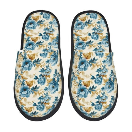 Balery Vintage Blue Flowers Slient Indoor Furry Fleece Comfort House Shoes Soft Non-Slip Home Shoes Cotton slippers House Slippers-- Large