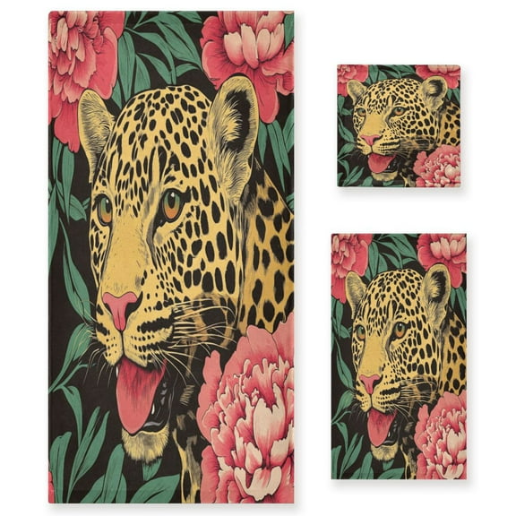 BZSMCE 3piece Bath Towel Sets Hand Bath Towels Fashion Leopard & Flowers Printed Towel Sets