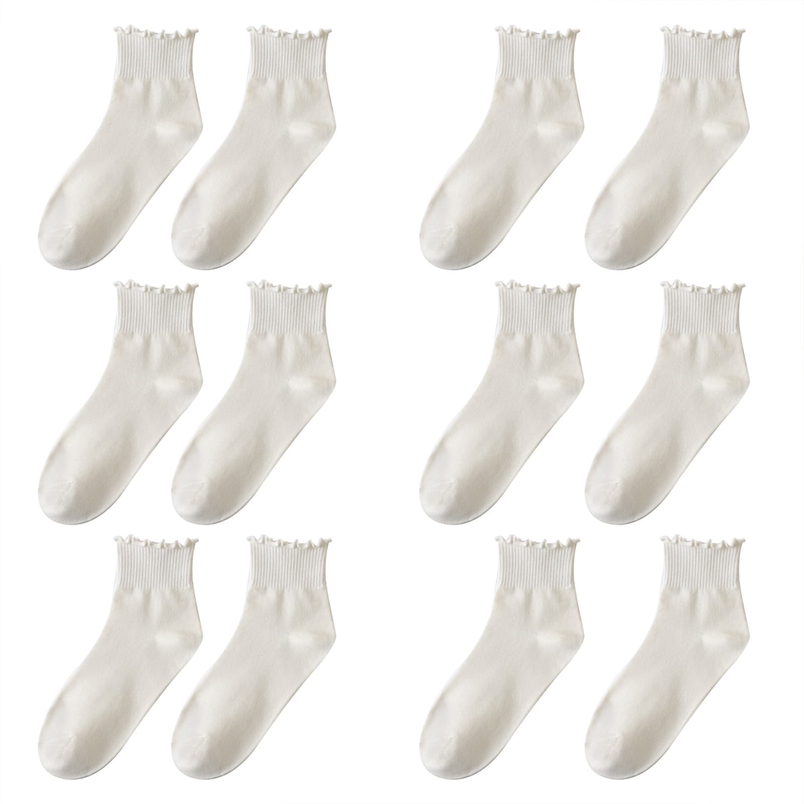 6 Paires Chaussettes Femme à Volants Tricotées - Lot Fantaisie Blanc Crème Noir