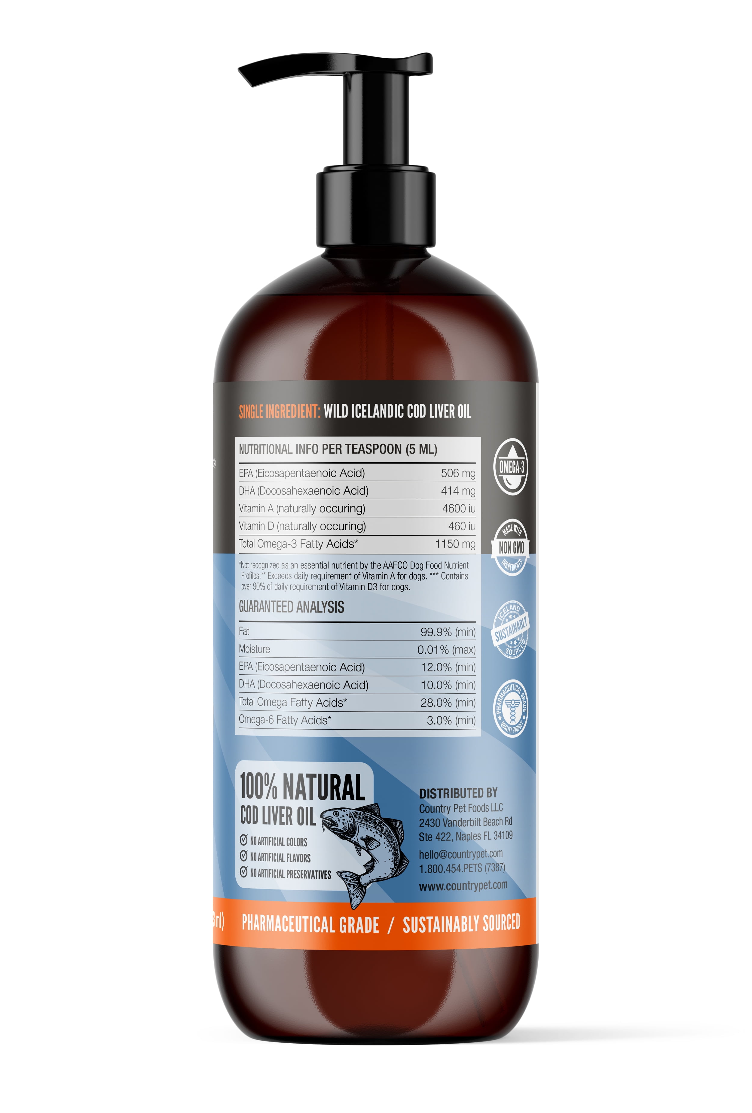 CountryPet Cod Liver Oil for Dogs & Cats, Wild-Caught, Omega-3 EPA & DHA, Vitamin A & D, 16 oz Pump Bottle