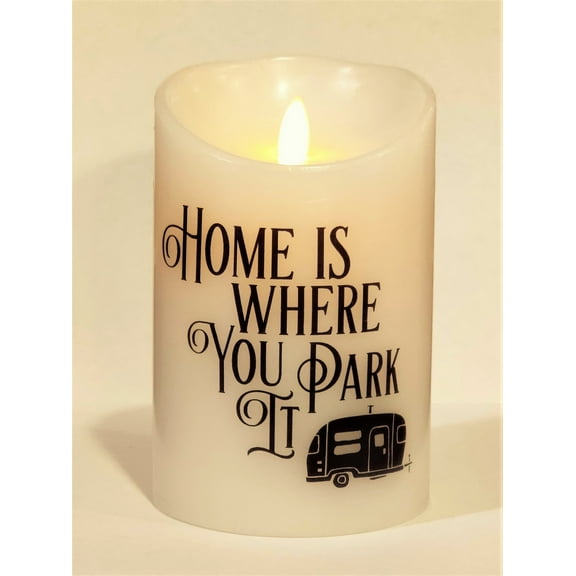 "Home Is Where You Park It" - "Happy Camper" Moving Flame LED Candle - White Wax - Indoor - 3.5" x 5" - Blow "OFF" / Blow "OFF" - Remote Enabled
