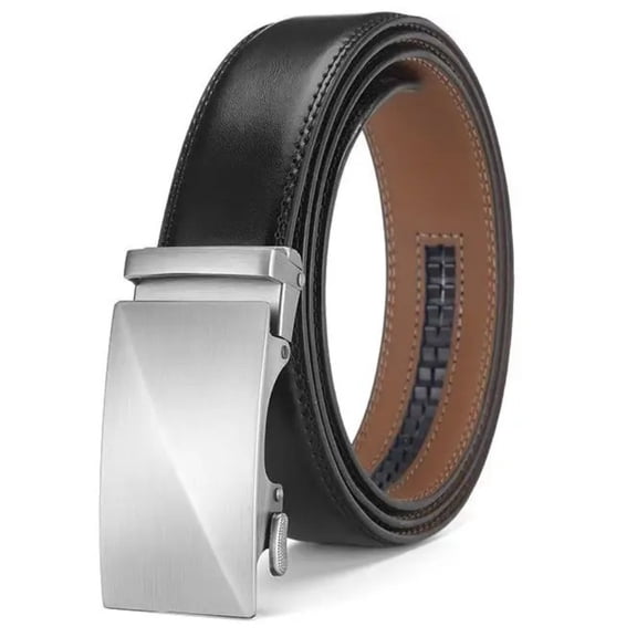 Men's Genuine Leather Automatic Ratchet Belt, 33.49"-45.27" Adjustable Business Dress Belt, 1.38 Inch Wide Strap, 5 Styles Alloy Buckle, Black & Brown, Ideal Gift for Men