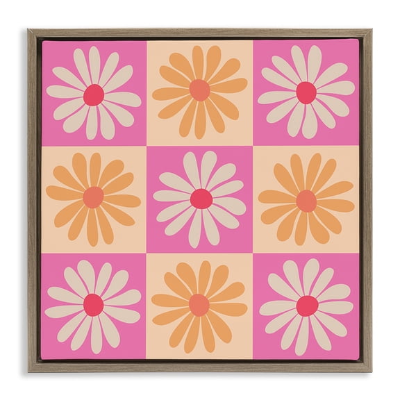 Stupell Industries Contemporary Checkered Flower Pattern Brown Floating Frame Canvas Art, 18 x 18, by Carrie Cantwell