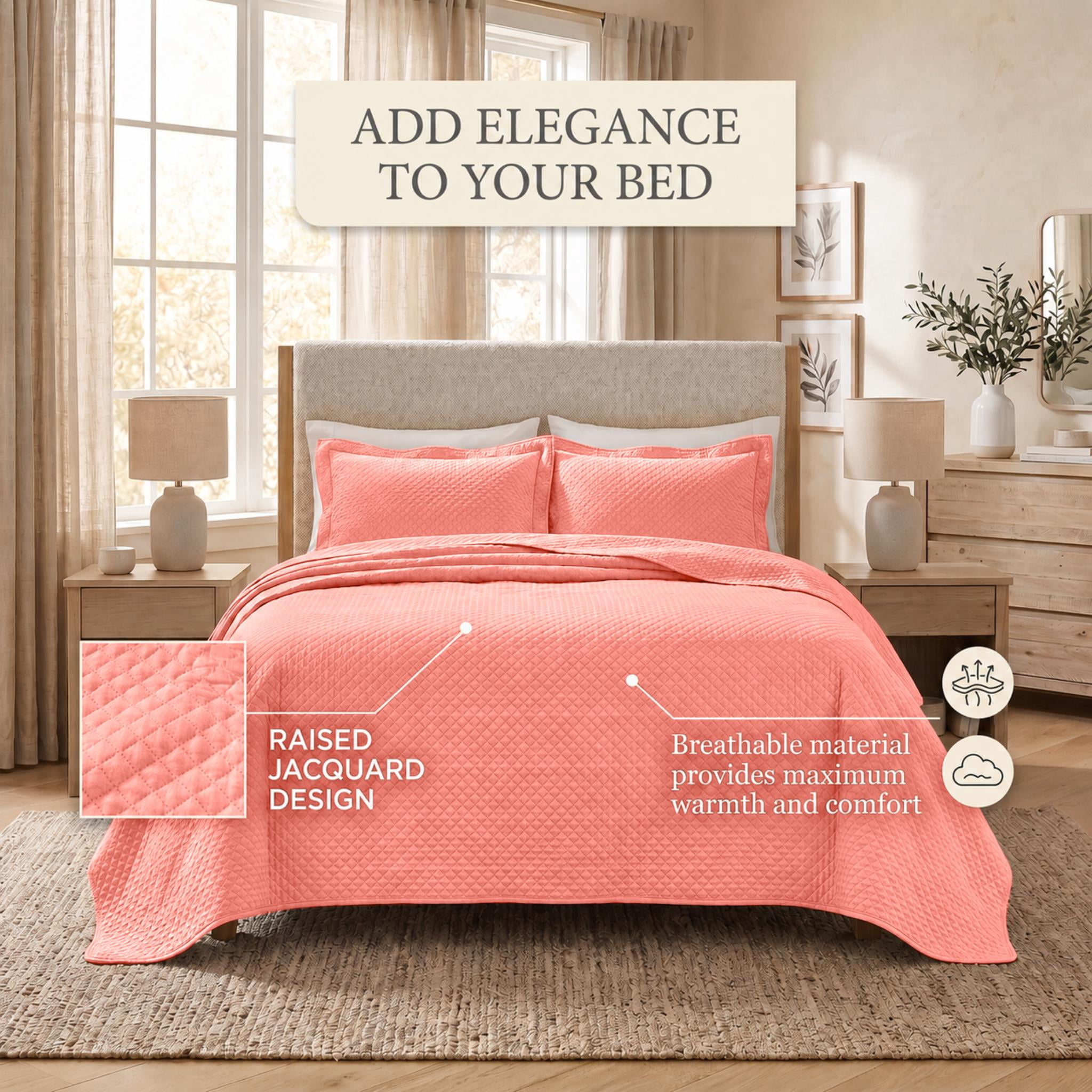 Superior Solitaire Cotton Decorative Bedspread and 2 Pieces Sham Set, Queen, Coral