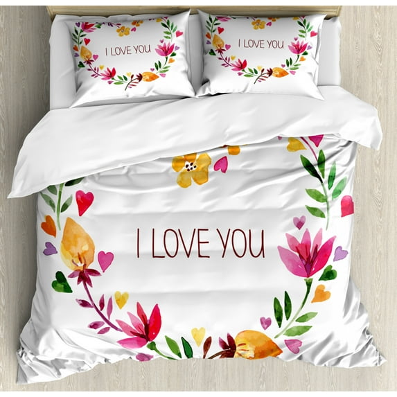 I Love You Duvet Cover Set Queen Size, Romantic Themed Text in Heart Shaped Cute Floral Wreath Valentines Day Themed, Decorative 3 Piece Bedding Set with 2 Pillow Shams, Multicolor, by Ambesonne