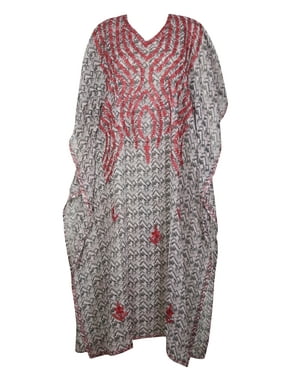 Mogul Women Black White Long Kaftan Dress Red Floral Embroidered Beach Summer Holiday Caftan Dress 4X