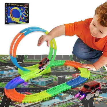 Anpro Glow Race Track Set for Kids, 114pcs Glow in the Dark Flexible Race Car Track Set with 1 Lighting Cars Boys Girls Age 3 