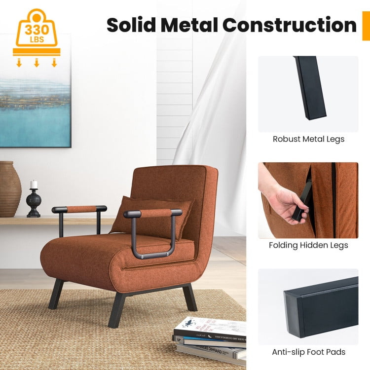 Folding Chair Bed, Folding 6 Position Convertible Sleeper Bed Armchair Lounge Couch with Pillow, Cozy Futon Chair for Small Spaces, Office, Brown Folding Chair Bed, Folding 6 Position Convertible Sleeper Bed Armchair Lounge Couch with Pillow, Cozy Futon Chair for Small Spaces, Office, Brown